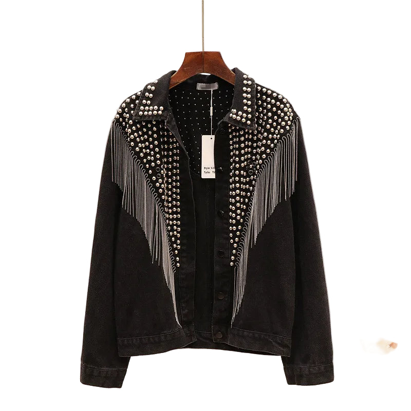 Giacca jeans con borchie, catenelle e frange donna – denim corto stile streetwear autunno/inverno 2025