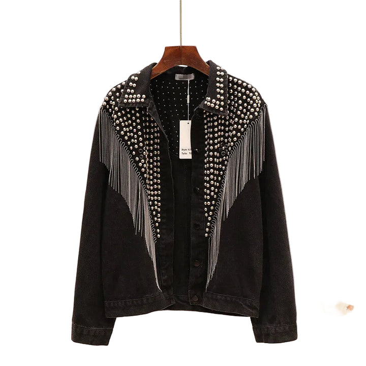 Giacca jeans con borchie, catenelle e frange donna – denim corto stile streetwear autunno/inverno 2025