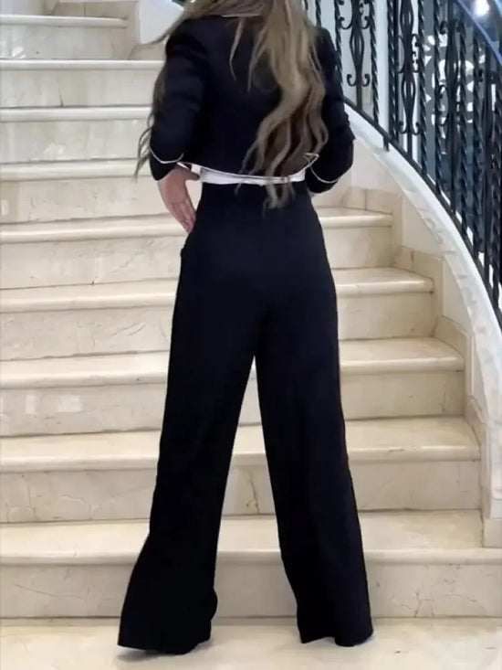 Completo Donna Elegante Blazer Cropped e Pantalone Palazzo