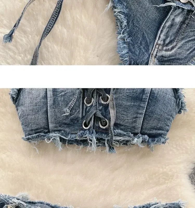 Set bikini donna 2025 con top bra e shorts a vita alta in denim