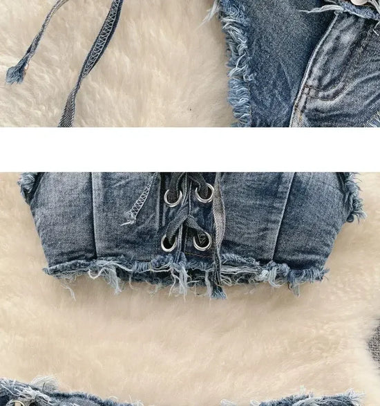 Set bikini donna 2025 con top bra e shorts a vita alta in denim