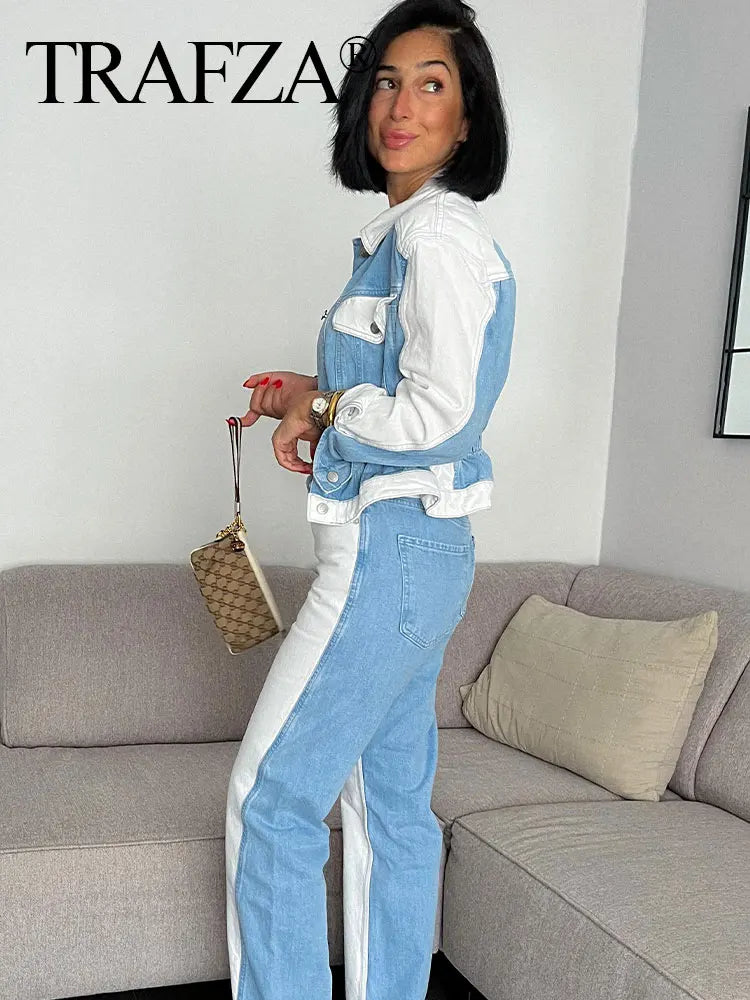 Set patchwork denim donna 2025 ‒ completo giacca monopetto + pantaloni wide-leg, look autunnale fashion con tasche