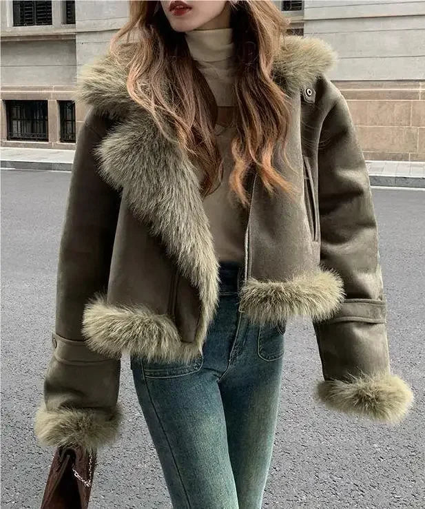 Giacca biker in pelle scamosciata donna con fodera in pelliccia sintetica – Cappotto corto casual slim fit per autunno e inverno