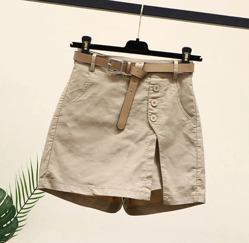 Gonna Pantaloncino Donna Vita Alta – Shorts A-Line con Bottoni