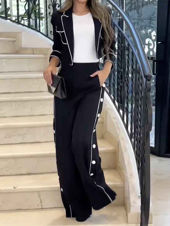 Completo Donna Elegante Blazer Cropped e Pantalone Palazzo