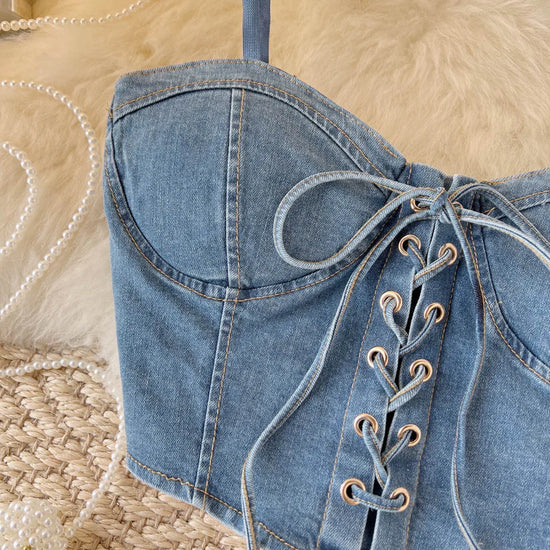 Top Denim Corsetto con Reggiseno Integrato – Crop Top Donna