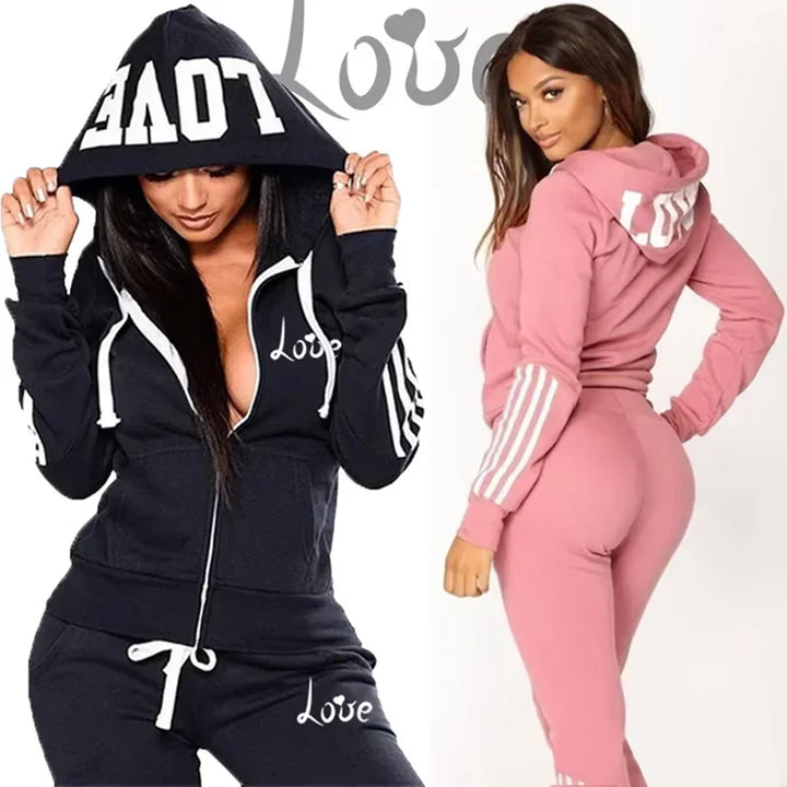 Set tuta donna autunno/inverno 2025 – Felpa con cappuccio + pantaloni con stampa “Love Letter”, outfit sportivo fashion