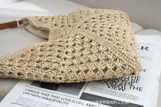 Borsa in paglia intrecciata traforata – straw hollow-out shoulder bag con tasca per smartphone, ideale per viaggio e shopping