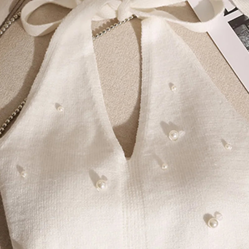 1pc Fashion French Beaded Halter Neck Tie Knot Backless Knitted Vest For Women