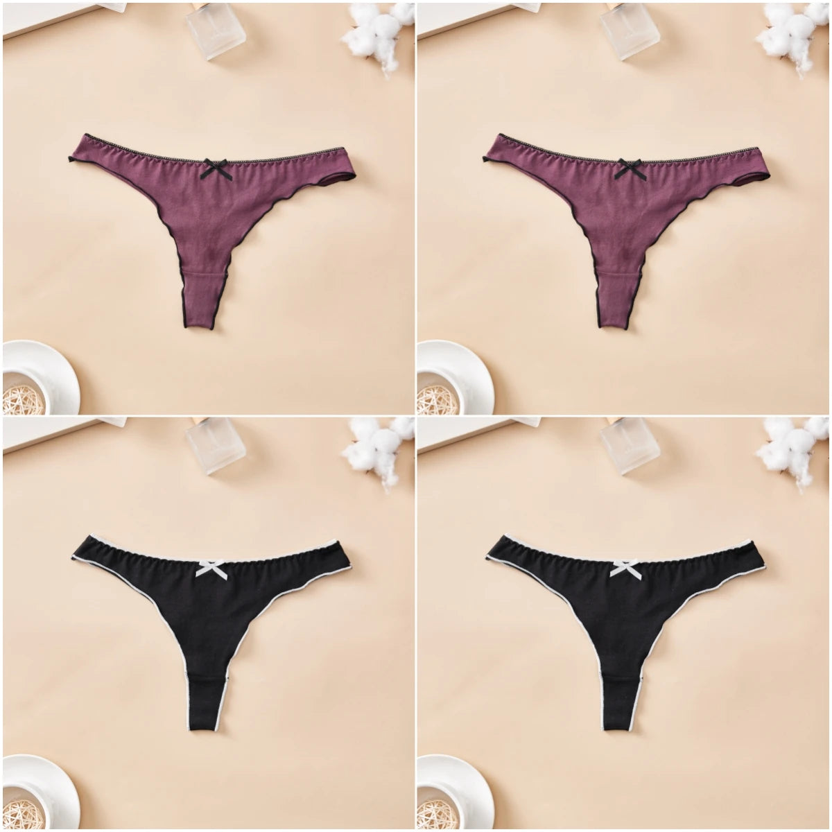 Set 4 pezzi perizomi donna in cotone – solid color, vita bassa, fascia T-back con fiocco, underwear comodo quotidiano