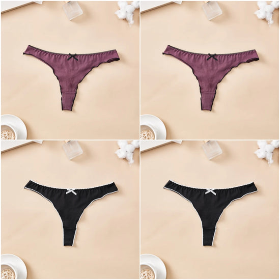 Set 4 pezzi perizomi donna in cotone – solid color, vita bassa, fascia T-back con fiocco, underwear comodo quotidiano
