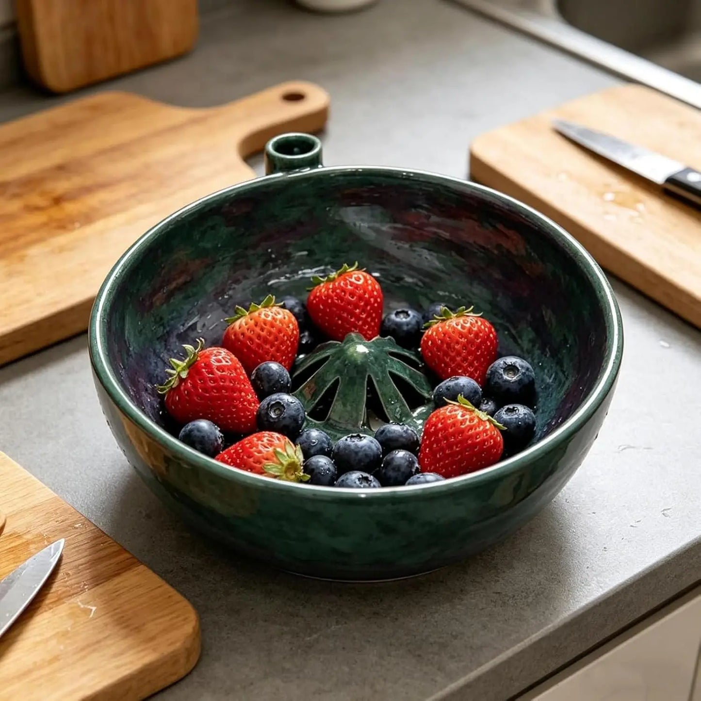 ciotola lavafrutta verde per fragole e mirtilli in cucina