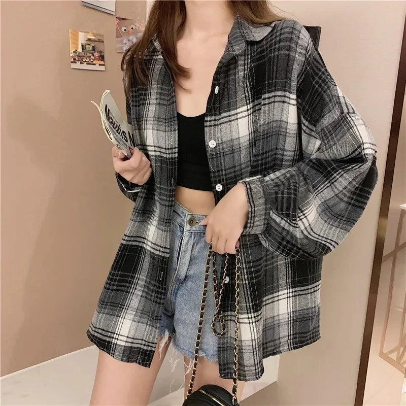 Camicia a quadri donna autunno 2025 – camicia manica lunga stile preppy vintage, taglio loose, single-breasted