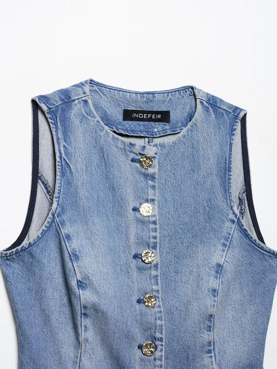 Set denim donna 2 pezzi 2025 – gilet con bottoni + jeans a vita alta wide-leg, look streetwear casual chic