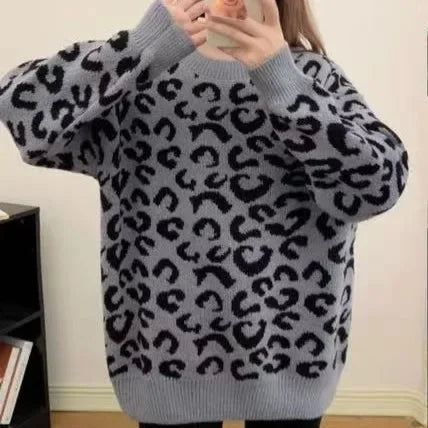 Pullover spesso jacquard 2025 donna – Maglione con fantasia leopard per autunno/inverno