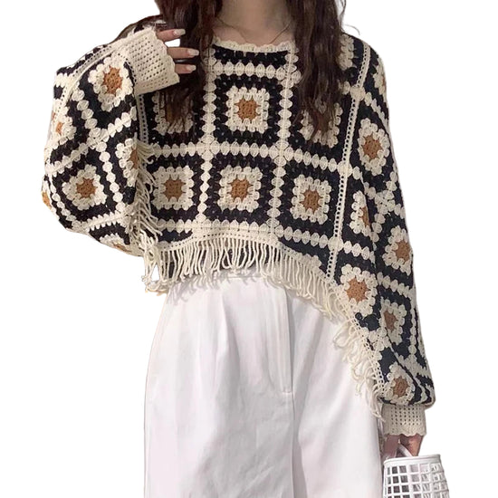 Top con frange all’uncinetto – Maglia cropped boho con maniche a pipistrello, stile vintage / festival