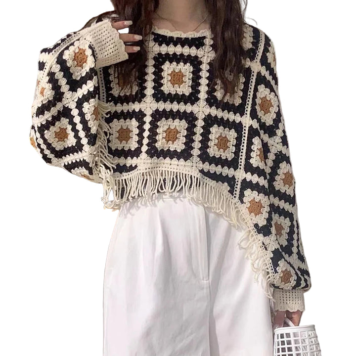 Top con frange all’uncinetto – Maglia cropped boho con maniche a pipistrello, stile vintage / festival