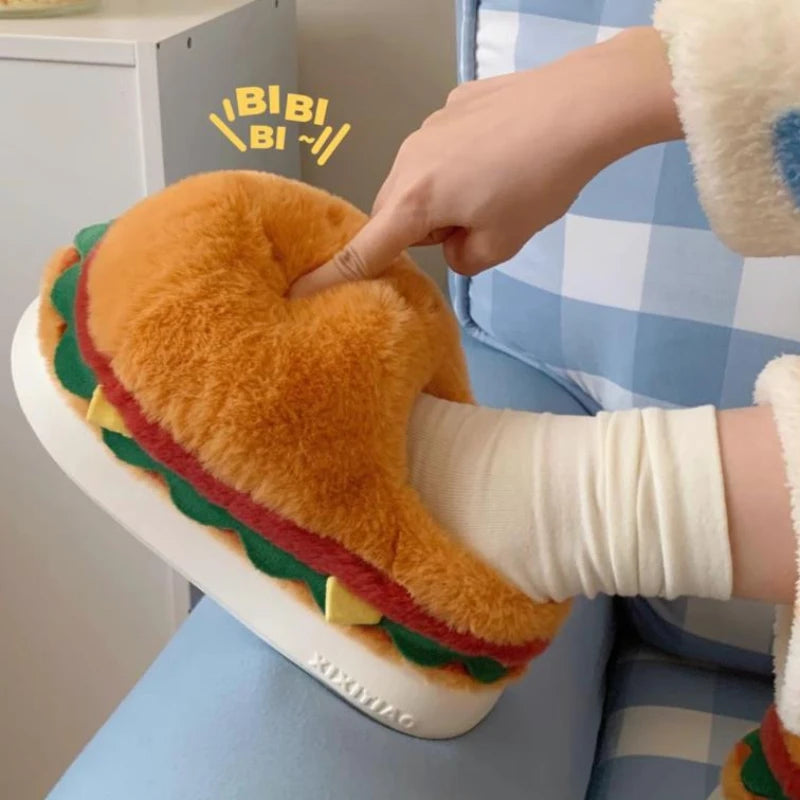 2026 new style autumn and winter fun home cotton slippers couple cute hamburger full-covered heel fuzzy shoes warm men and women