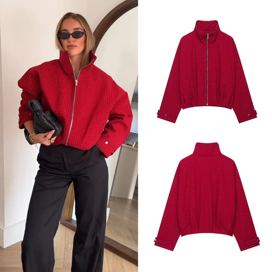 Bomber donna a quadri corto con zip e maniche ampie - foto 6 della galleria
