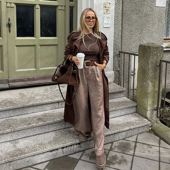 Completo donne 2025 – Pantaloni vita alta largo + body + top in coordinato con cintura inclusa