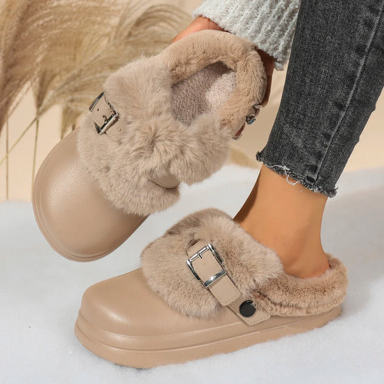 Women EVA Thick Sole Fur Slippers Closed Toe Fluffy Warm Home Slippers Woman Buckle Fashion Slip-on Cover Head Cotton Slippers