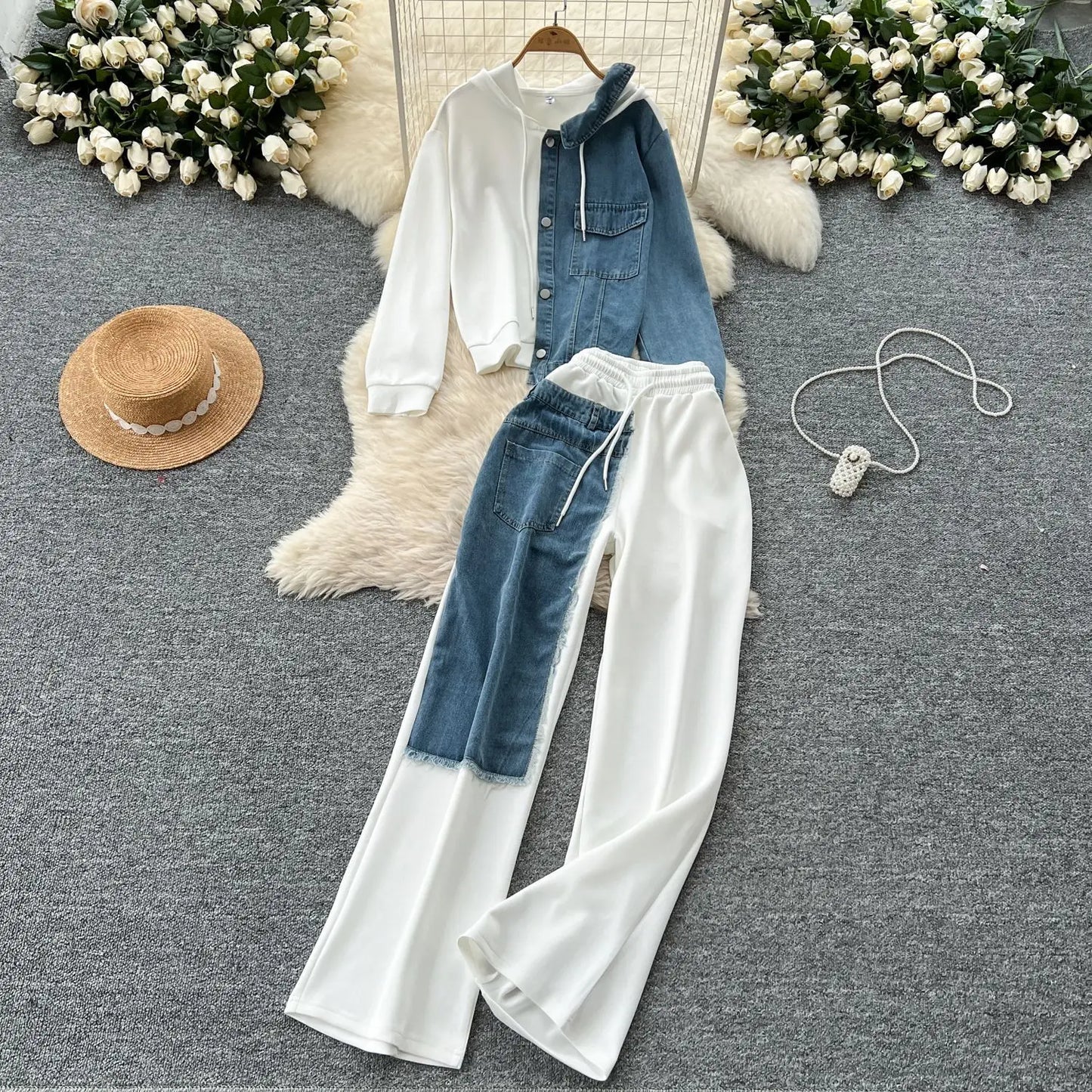 Set denim donna 2025 – completo felpa con cappuccio + pantaloni larghi elasticizzati, co-ord casual trendy
