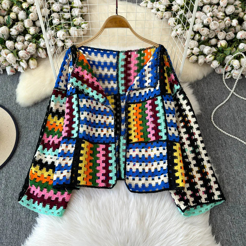 Cardigan multicolore crochet donna – Maglione traforato patchwork openwork
