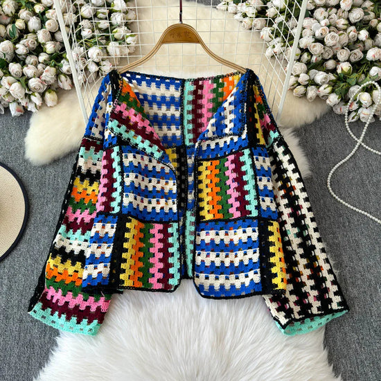 Cardigan multicolore crochet donna – Maglione traforato patchwork openwork