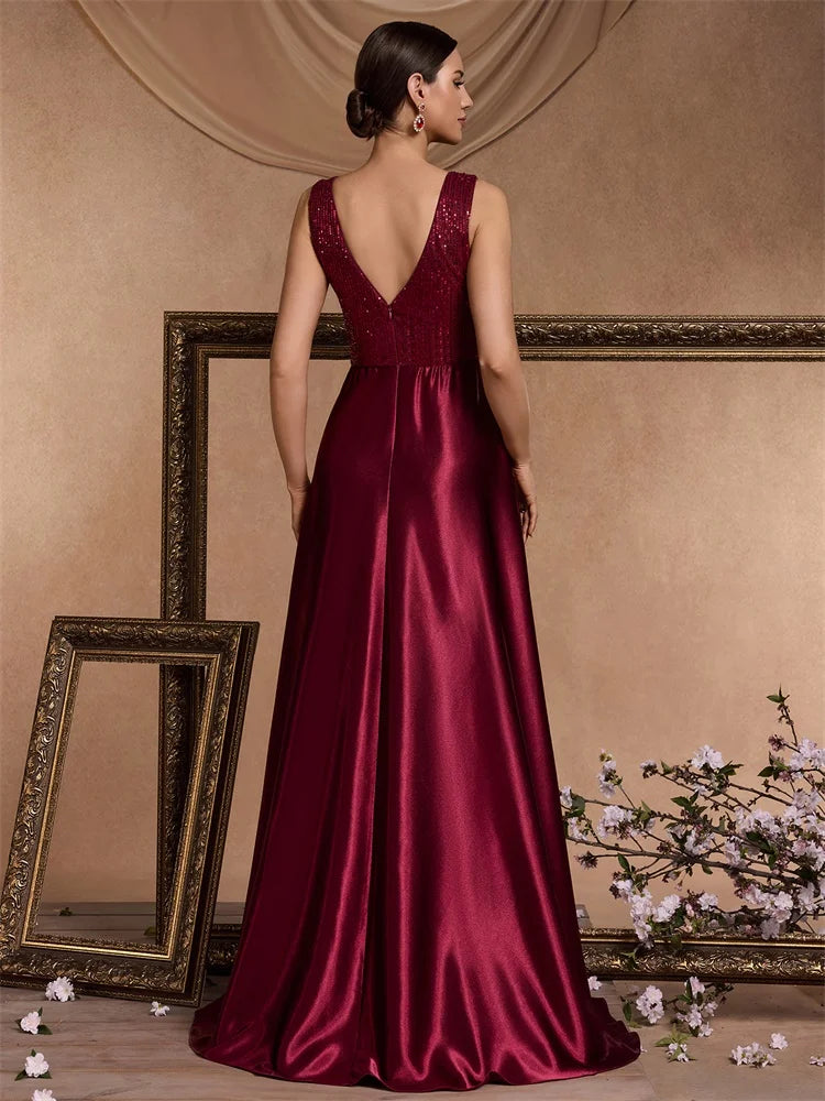 Abito Lungo Elegante Donna con Paillettes e Scollo V – Vestito Cerimonia Matrimonio