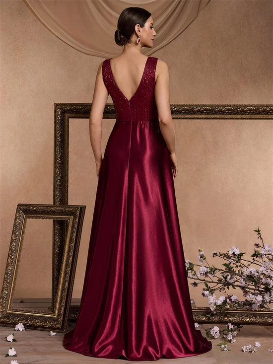 Abito Lungo Elegante Donna con Paillettes e Scollo V – Vestito Cerimonia Matrimonio