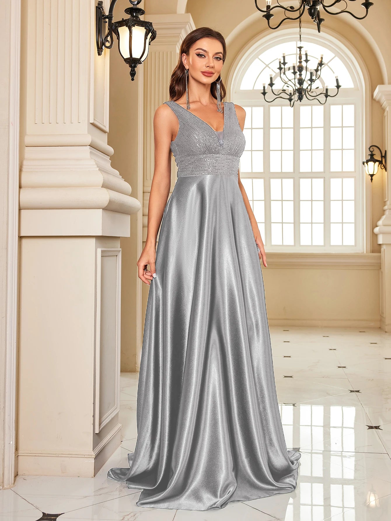 Abito Lungo Elegante Donna con Paillettes e Scollo V – Vestito Cerimonia Matrimonio