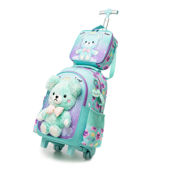 Girls 3D Plush Cat Rolling Backpack 3PCS Set - Waterproof Trolley School Bag with Wheels, Insulated Lunch Bag and Pencil Pouch -