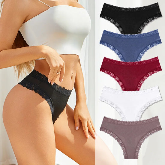 Set 5 pezzi perizomi donna vita media contrasto pizzo floreale – mutandine traspiranti sexy low-waist da S a XXL