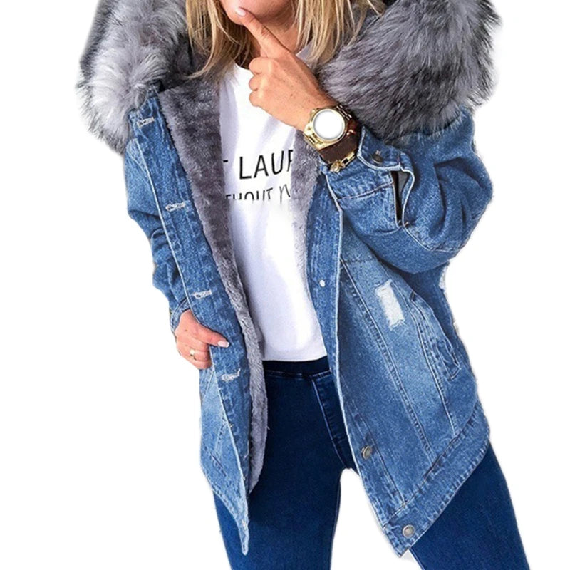 Giacca denim donna con cappuccio e collo peluche – Giubbotto imbottito invernale oversize con interno caldo