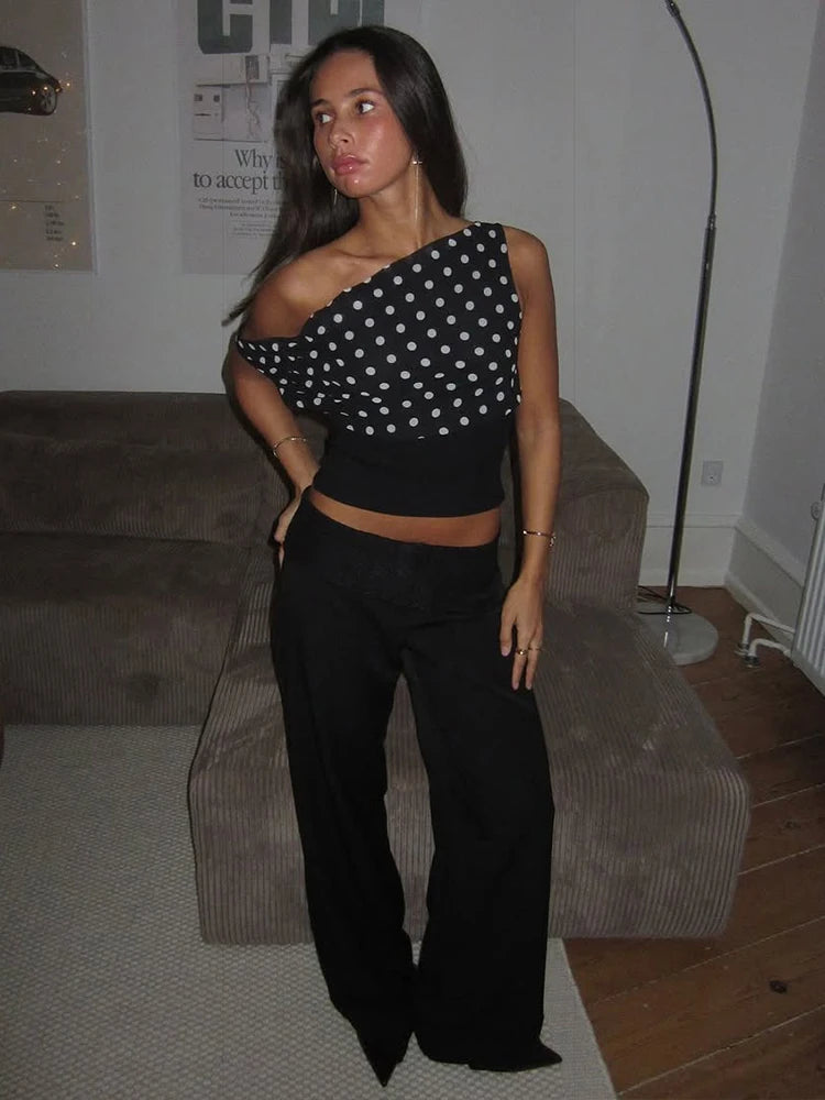 Weird Puss Polka Dots Print T-Shirts Women Summer Trend Skew Collar Off Shoulder Backless Street Fashion Trend Ruched Crop Tops