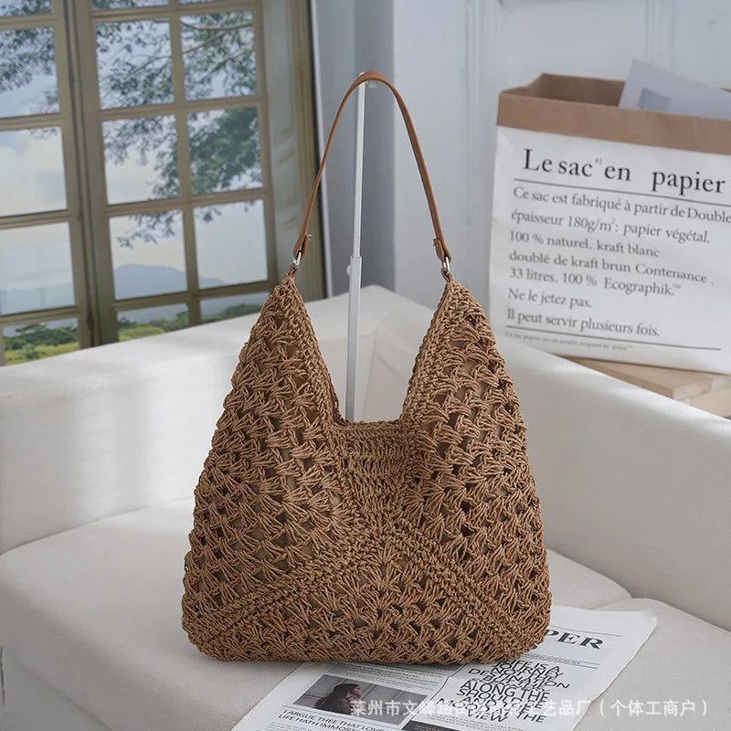 Borsa in paglia intrecciata traforata – straw hollow-out shoulder bag con tasca per smartphone, ideale per viaggio e shopping