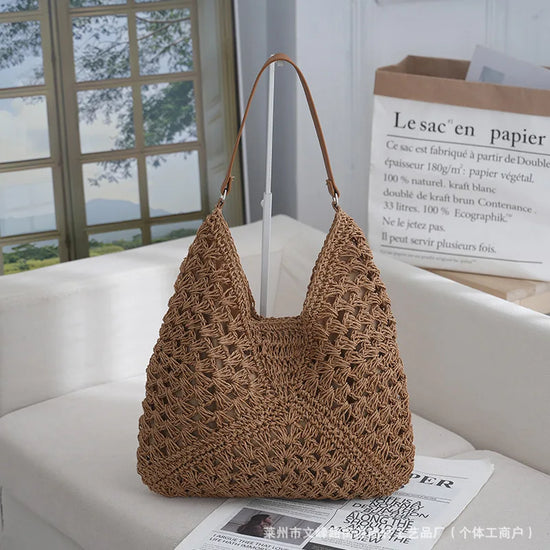 Borsa in paglia intrecciata traforata – straw hollow-out shoulder bag con tasca per smartphone, ideale per viaggio e shopping