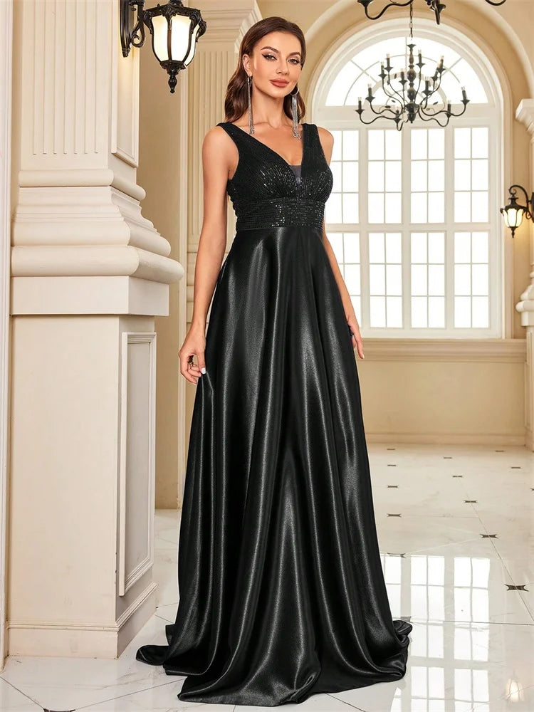 Abito Lungo Elegante Donna con Paillettes e Scollo V – Vestito Cerimonia Matrimonio