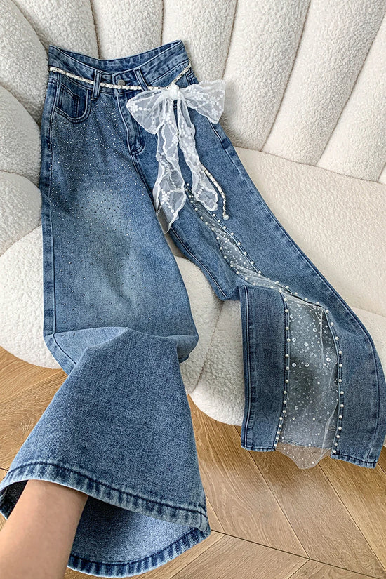 Jeans Donna Wide Leg con Pizzo, Perle e Cristalli