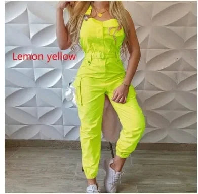 Jumpsuit cargo donna 2025 – tuta senza maniche con spalline sottili, tasche utility, look casual chic