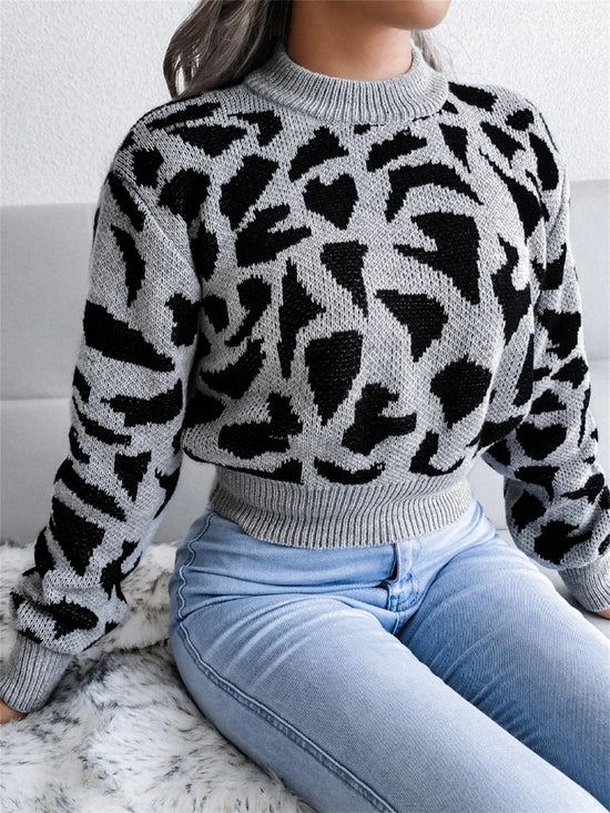 Pullover con stampa leopardata donna – Maglione corto girocollo per autunno/inverno, knit con raccolta in vita