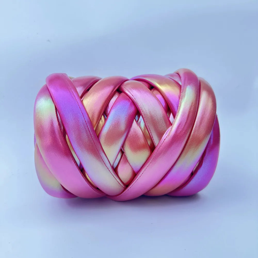 Filato mesh / ecopelle marshmallow per borse e uncinetto – opaco/lucido + pelle intrecciata artigianale