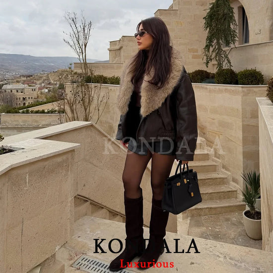 Giacca Donna Effetto Pelle con Collo Effetto Pelliccia - immagine 11