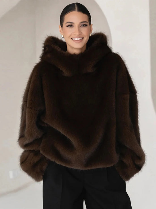 Felpa donna effetto pelliccia marrone con cappuccio