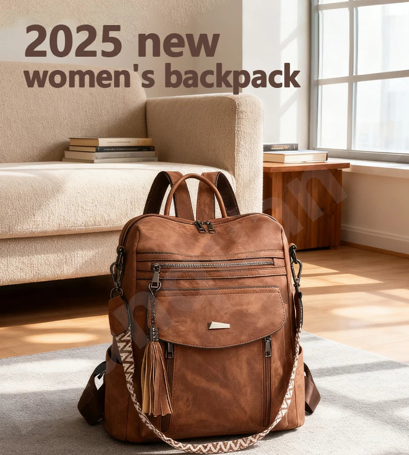 Zaino donna in pelle sintetica impermeabile + ant-furto – travel business college backpack grande capacità con nappina 2025