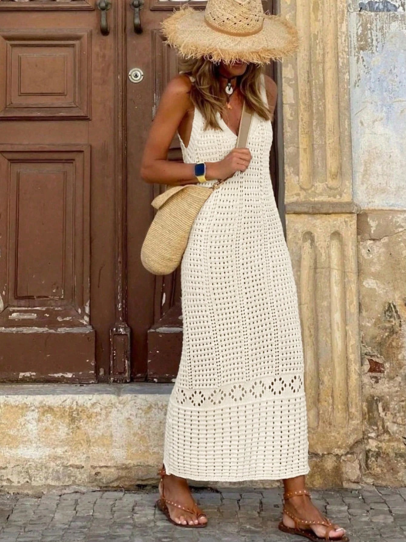 Abito Donna Effetto Crochet Traforato – Vestito Beige con Scollo a V