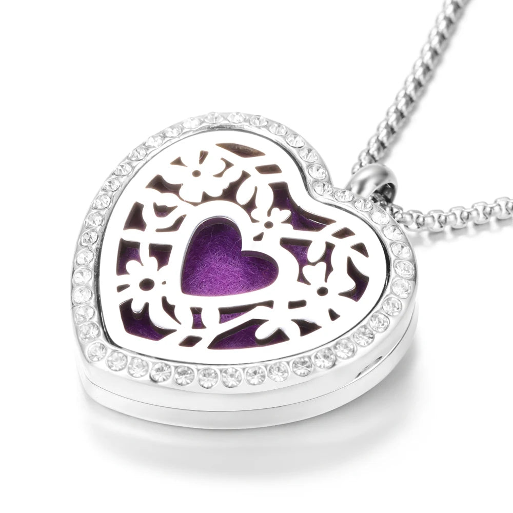 Collana Diffusore a Cuore con Strass in Acciaio Inox – Ciondolo Aromaterapia per Profumi e Oli Essenziali