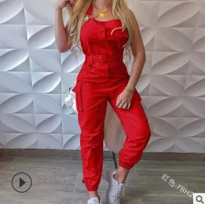 Jumpsuit cargo donna 2025 – tuta senza maniche con spalline sottili, tasche utility, look casual chic