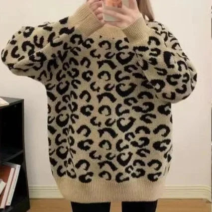 Pullover spesso jacquard 2025 donna – Maglione con fantasia leopard per autunno/inverno