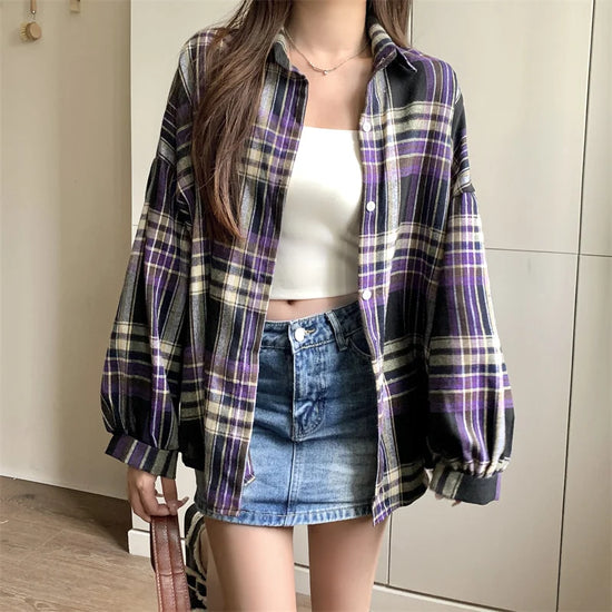 Camicia a quadri donna autunno 2025 – camicia manica lunga stile preppy vintage, taglio loose, single-breasted